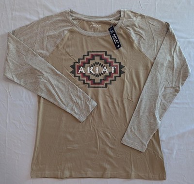Ariat Shirt Womens L Beige Gray Raglan Long Sleeve Western Aztec Graphic Tee