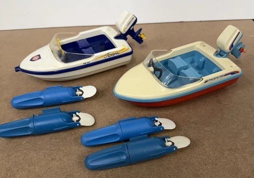 Lot of 2 Vintage Playmobil Motorboats w/ 1 working motor 3 not working