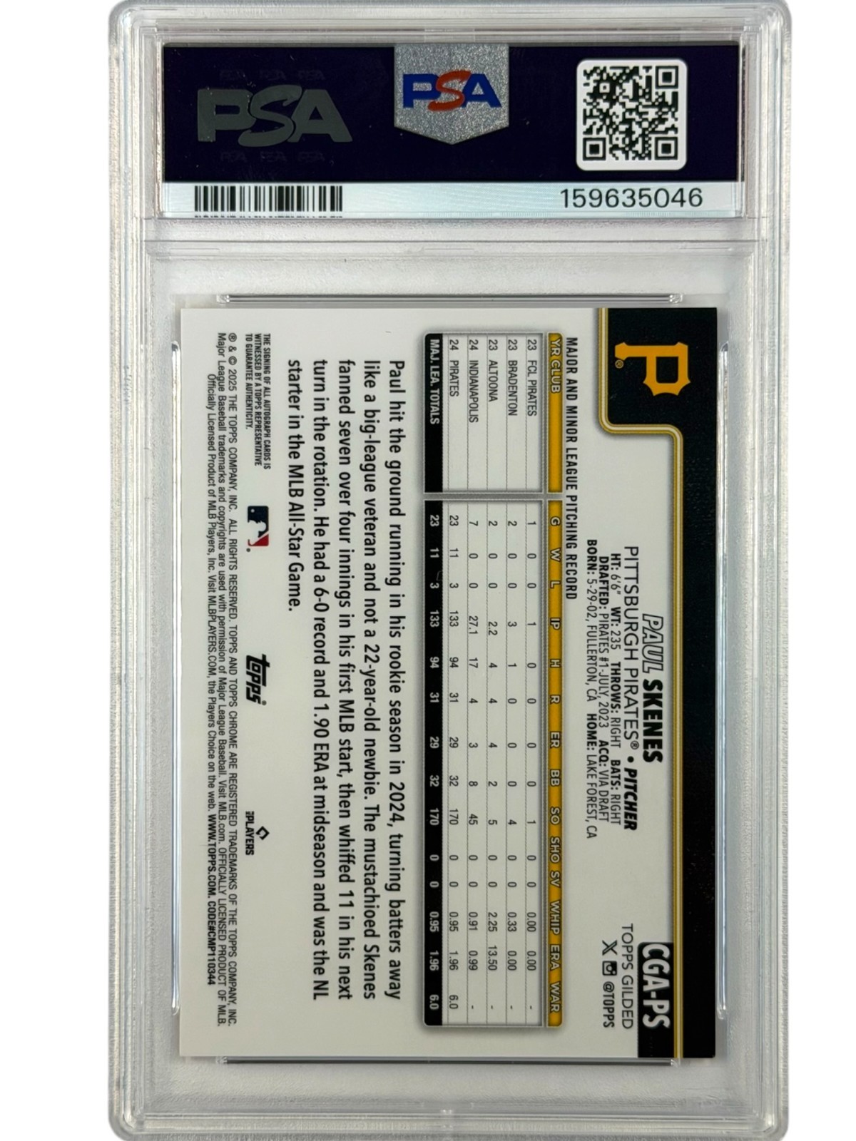 2025 Topps Gilded Chrome Paul Skenes Gold Autograph Orange/Gold /25 PSA 9 view 2