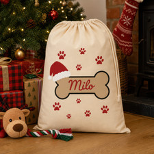 Personalised Dog Christmas Sack with Name - Bone Print Beige Cotton Pet Bag