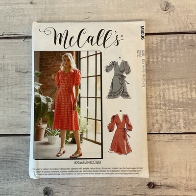 McCalls 8036 Sewing Pattern Dress Ruffles Flare V-Neck Belt Boho 14-22 UNCUT