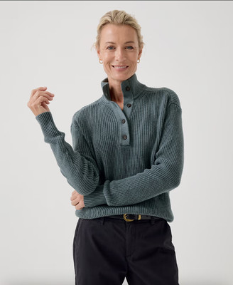 S Pact Luxe Knit Henley Sweater Ore Blue Organic Button Collar Pullover Small