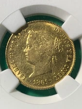PHILIPPINES SPAIN 1861 4 PESO GOLD ISABEL II NGC AU 55 LUSTROUS SCARCE DATE