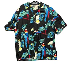 Vintage Paradise Found Button Up Shirt Adult XL Black Hawaiian Parrot Mens