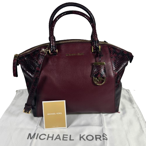 Michael Kors Riley Satchel Handbag Purse Medium Python Burgundy/Black Leather