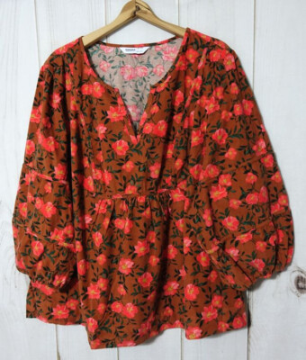 Sonoma Goods For Life Corduroy Notch Collar Shirt Womens 4X Brown Red Floral NEW
