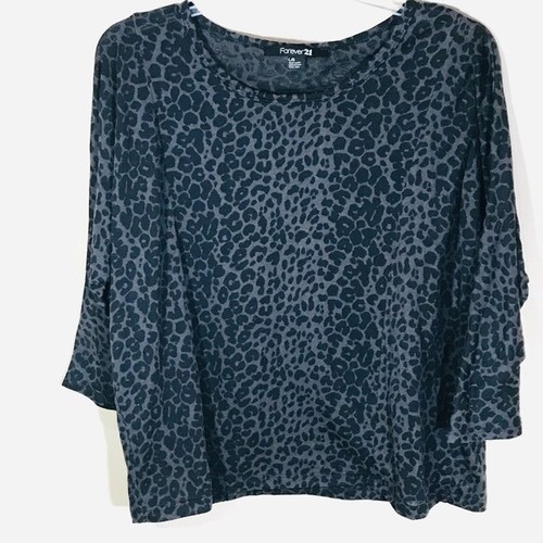 Forever 21 Top Women Sz L Black Sheer Leopard 3/4 Sleeve Blouse Layer Scoop - Picture 1 of 6