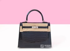 NEW HERMES VERT ROUSSEAU GREEN BLUE KELLY 25 BAG SHINY POROSUS CROCODILE HANDBAG