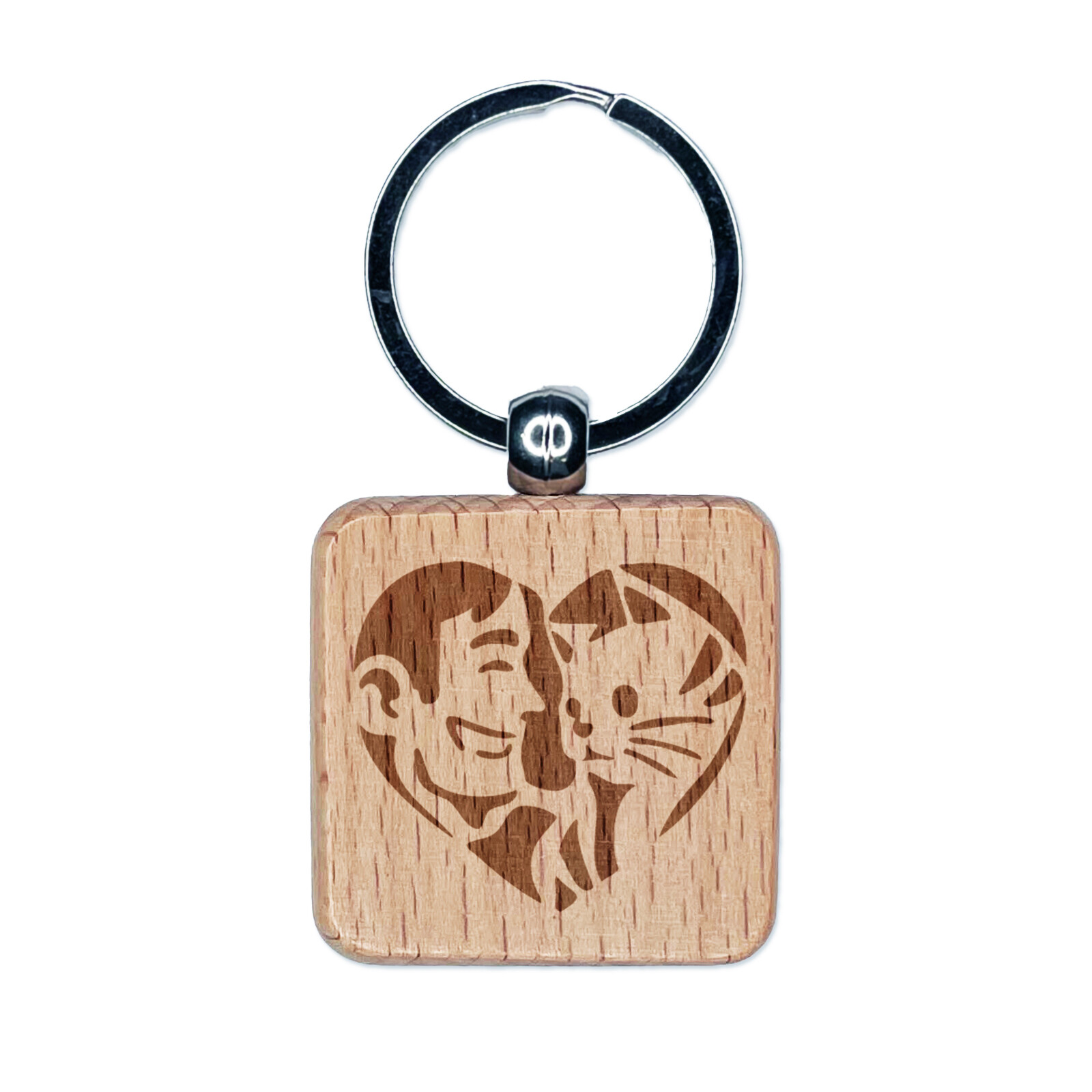 Man with Cat Kitten Pet in Heart Engraved Wood Square Keychain Tag Charm
