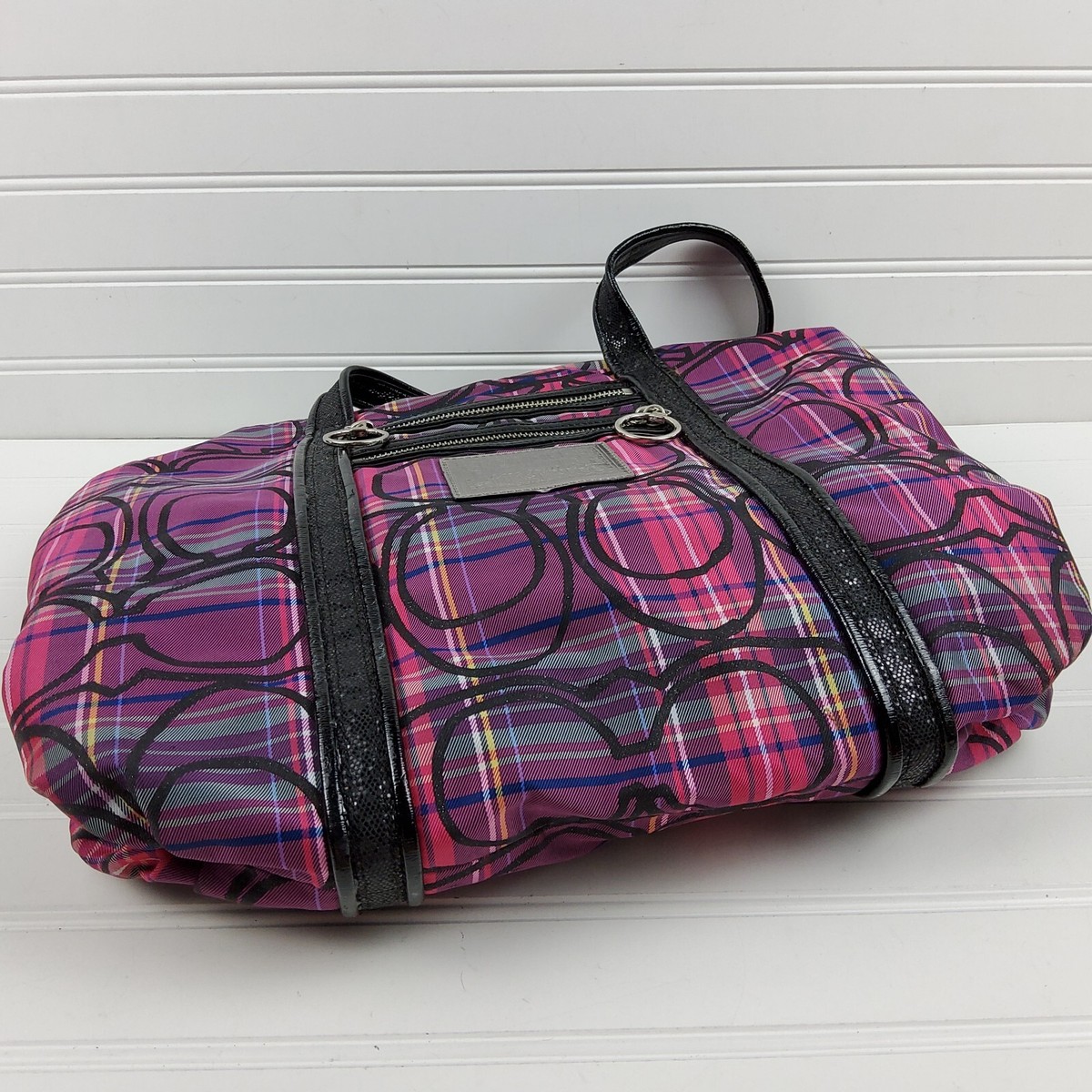 ショルダーバッグ Coach Poppy Tartan Plaid Boa Tote Bag PURPLE COACH POPPY TARTAN GLAM SHOULDER SHOPPING TRAVEL TOTE BAG