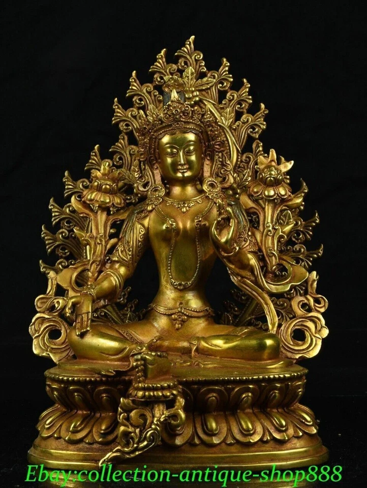 Antiguo Tíbet Bronce Oro Verde Tara Mahayana Budismo Iluminación Diosa Estatua Foto 4 de 4