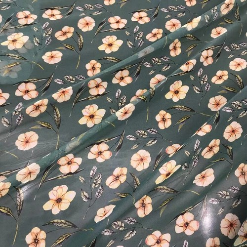 100% Silk 12 momme Georgette Thin Fabric Green Floral 55" wide 1 meter XX052 - Picture 2 of 3