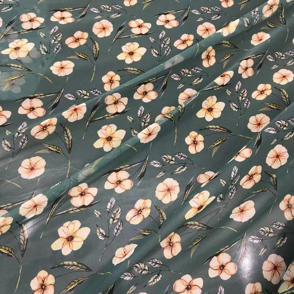 Tela delgada 100% seda 12 momme Georgette verde floral 55" ancho 1 metro XX052 Foto 2 de 3