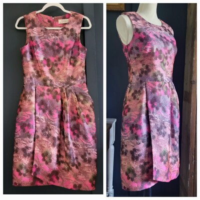 Lela Rose Pink Purple Floral Metallic Sheath Dress Pleated Drape Skirt Size 6