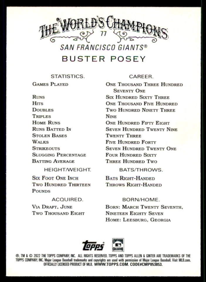 BUSTER POSEY 2022 Topps Allen & Ginter Hot Box Silver Portrait Foil Card Rainbow - Image 2 of 2