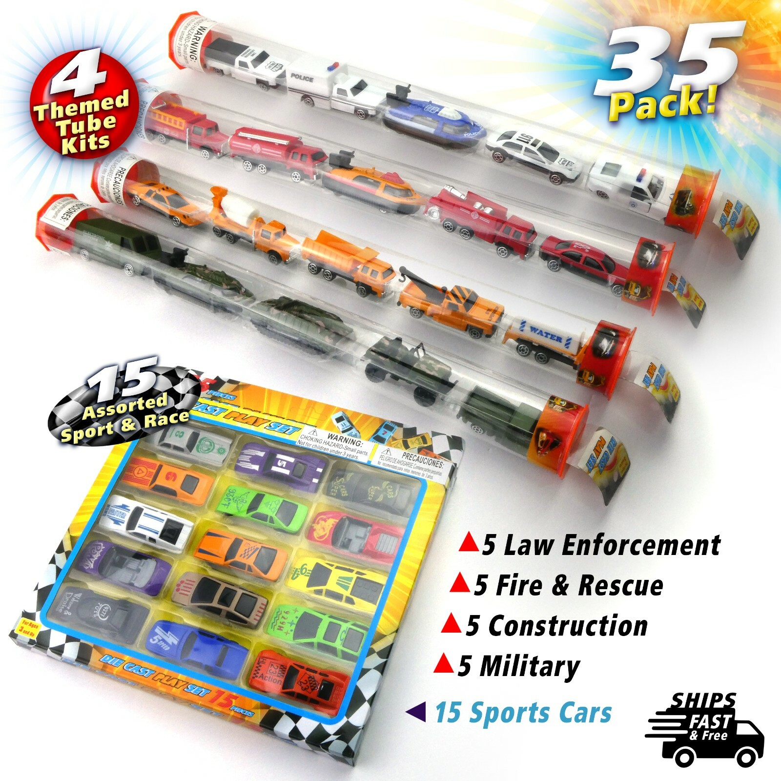 35pc Die Cast Car Gift Set PoliceFireConstructionArmySport 5