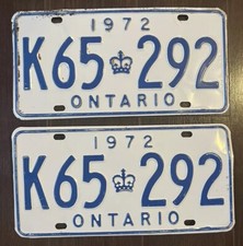 ONTARIO LICENSE PLATE 1972 PAIR  / K65 292 /1972 ONTARIO LICENSE PLATE PAIR