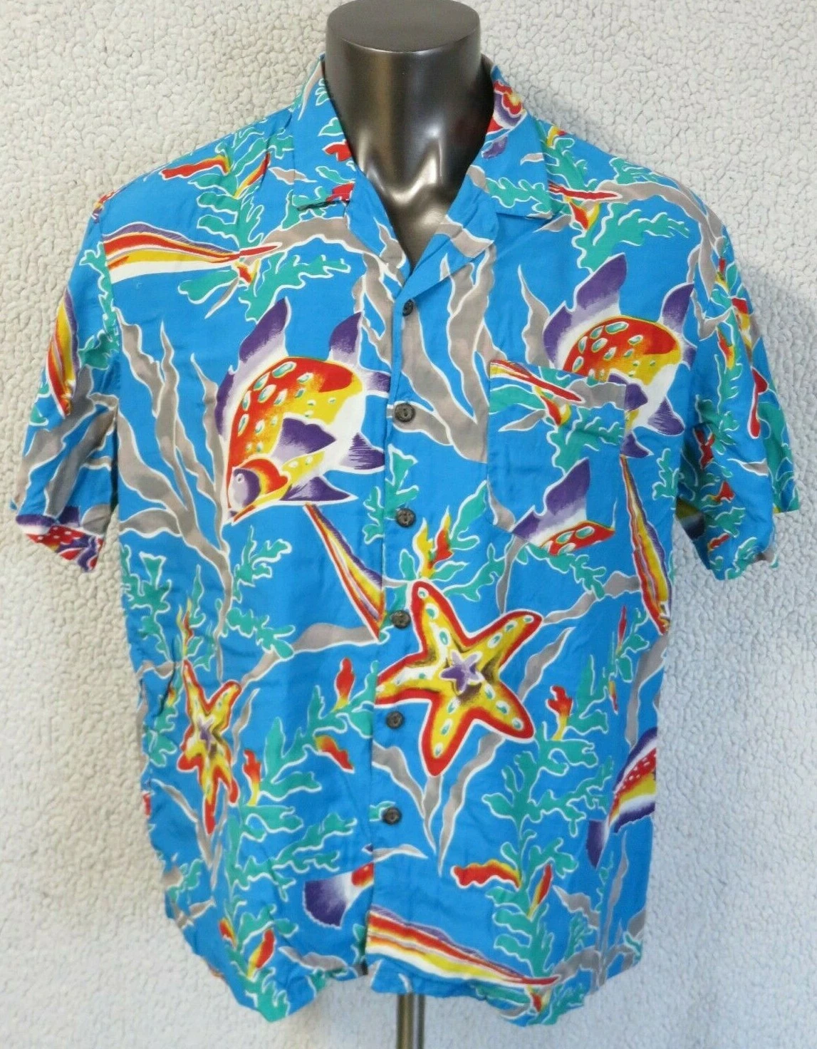 Mens Kennington Short Sleeve Button Front Fish All Over Print Blue Shirt Size XL
