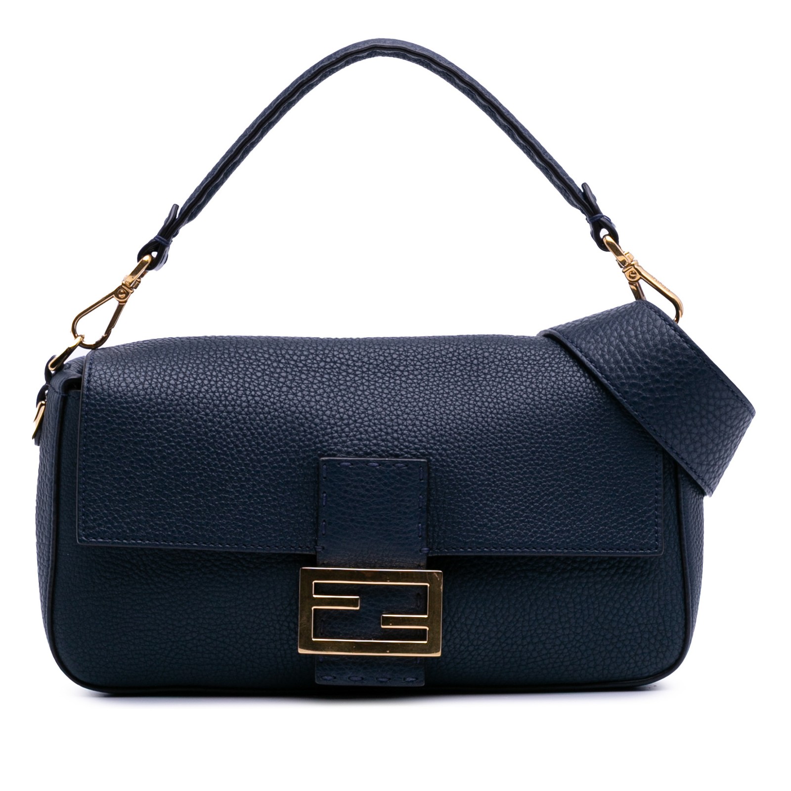 Authentic Fendi Blue Calfskin Baguette Satchel Handbag