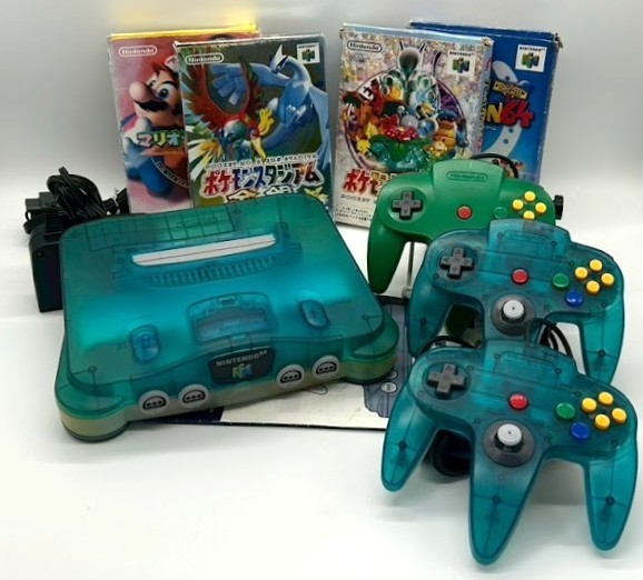 Nintendo 64 Clear Blue Console NUS-001 3xController 4xGame NTSC-J