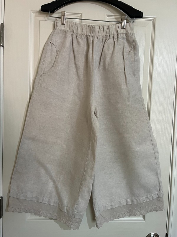 For Cynthia Medium Linen Lace Hem Pockets Elastic Waist Cropped Pants