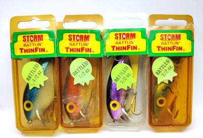 4x Vintage Pre Rapala Storm Rattlin Thin Fin NOS Sealed Angelköder Set