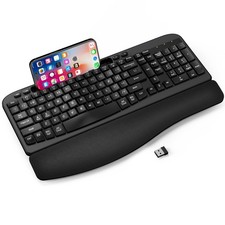 Ergonomic Wireless Keyboard with Cushioned Wrist Rest, Wave Keys, Phone Holder,