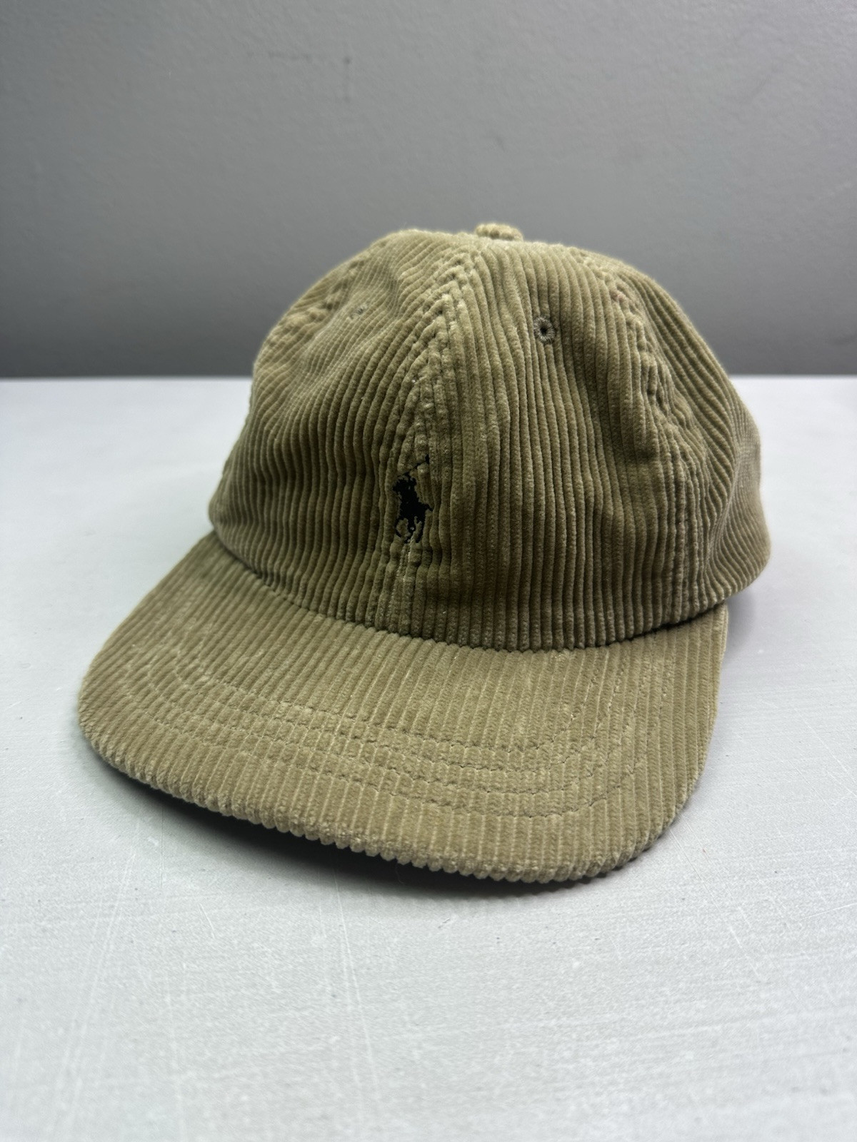 Cappello vintage Polo Ralph Lauren uomo beige velluto a coste pelle cinturino posteriore pony PRL