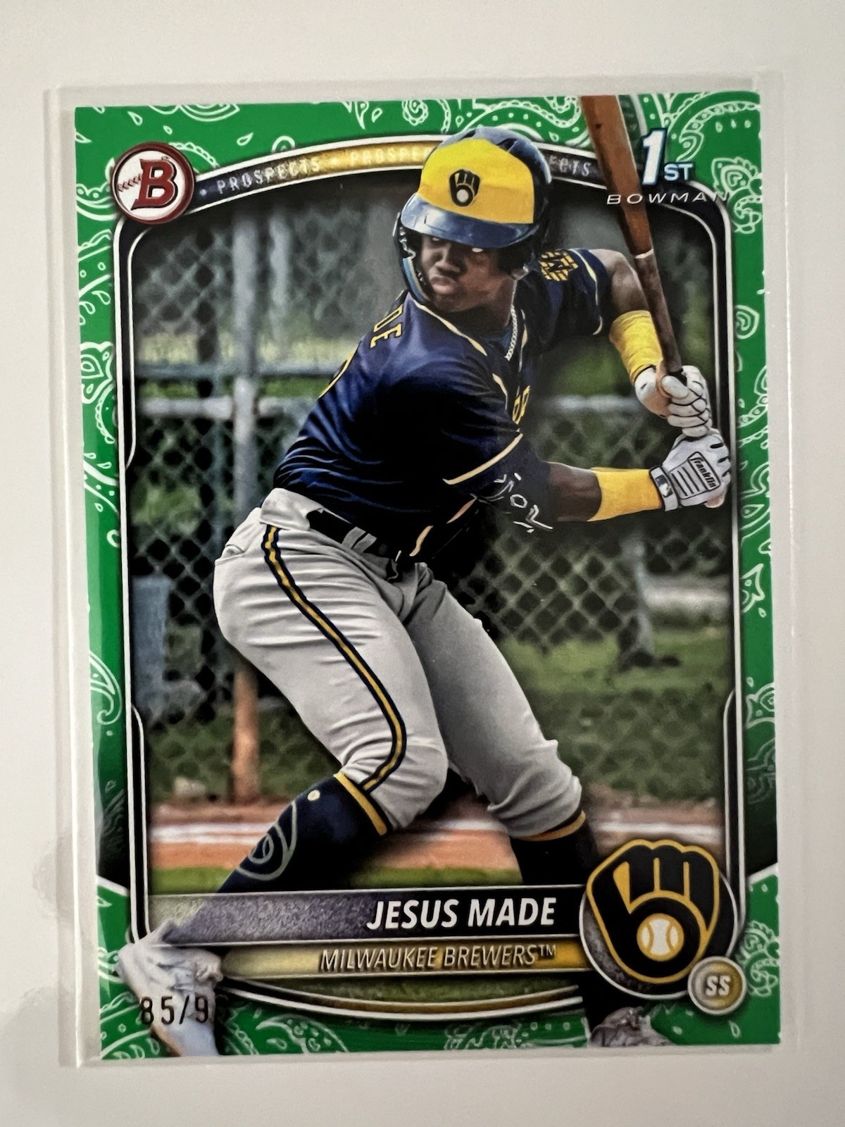 Jesus Made 2025 Bowman 1st #BP-66 Green Bandana Pattern /99 Brewers (1A)