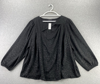 Lane Bryant 24 Black Jacquard Blouse 3/4 Sleeve Asym Neck Stretch Top NWT