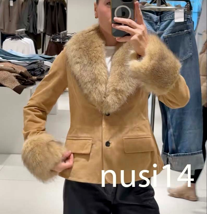 ZARA NEW WOMAN TAILORED 100% SUEDE LEATHER BLAZER FAUX FUR SAND