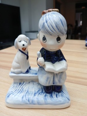 Delft Blue Figur Mädchen mit Hund Handgemalt Holland 14cm Vintage