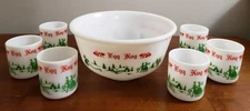Vintage Anchor Hocking Milk Glass Egg Nog Punch Bowl Set 7 Pc (6 Mugs and Bowl)