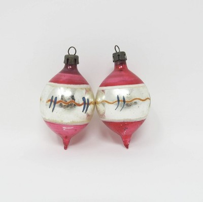 Lot of 2 Vtg Mini Hand Blown Glass Teardrop Xmas Ornaments ~ Poland ~ 2-1/4''