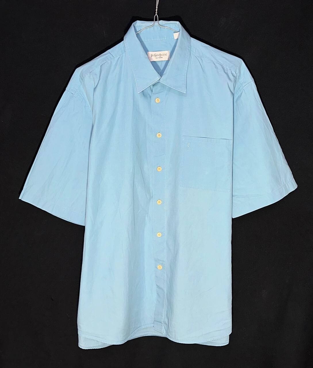 Yves Saint Laurent camicia vintage bottoni logo ricamato ysl blu manica corta