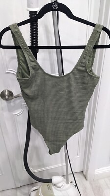 Kendall & Kylie Ribbed One Piece Olive Green Low Back Plunge Swimsuit Sz M NWOT