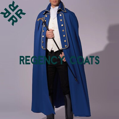 New Blue Wool Napoleonic Officer Cape, 19th Century Regency Formal Cavalry Cloak