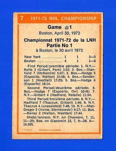 1972-73 OPC O-Pee-Chee HOCKEY #30 NHL PLAYOFFS GAME #3 BRUINS/RANGERS EX+ (SB1) - Picture 2 of 2