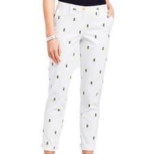 Talbots Girlfriend Chino Pants Womens 14P Embroidered Pineapples White Ankle