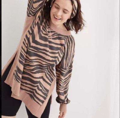 Aerie Zebra Sweatshirt Womens Small Tan Black Animal Print Oversized Safari Cozy