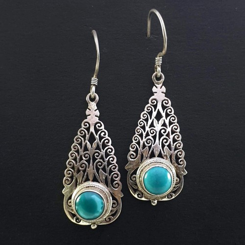 Blue Turquoise Natural Nuggets Set In 925 Solid Sterling Silver Handmade Gemstone Dangle Earrings