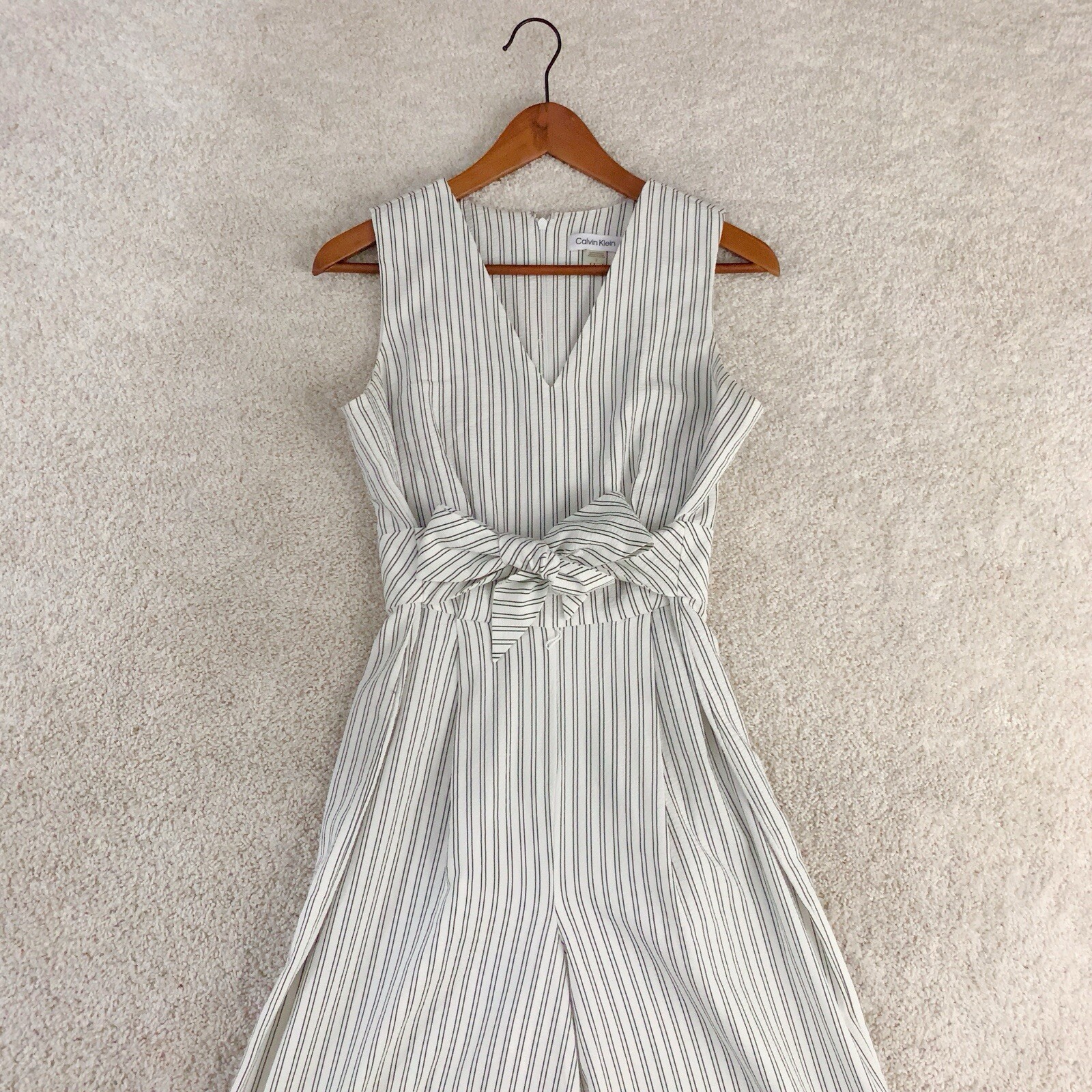 CALVIN KLEIN Ivory White Black Striped Wide Leg Romper Jumpsuit 2 S Small thumbnail 9