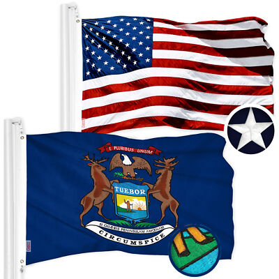 NEW G128 Michigan Flag and American Flag Set 3x5 FT Embroidered 300D Poly