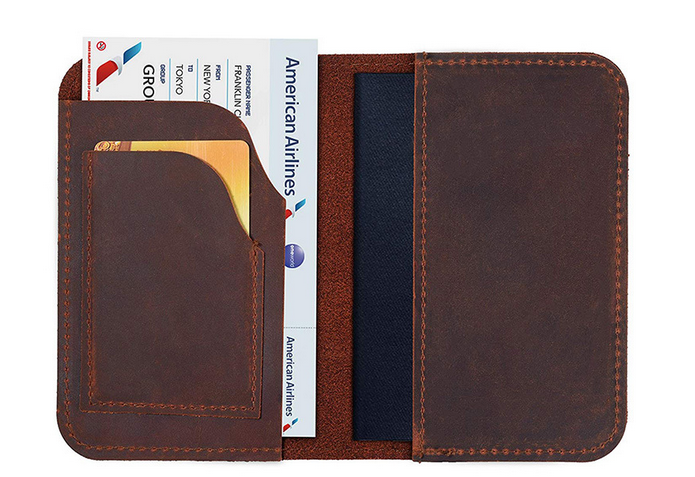 Cow Leather Passport Holder Wallet Bifold Card Pouch Ticket Bag Brown H263-image