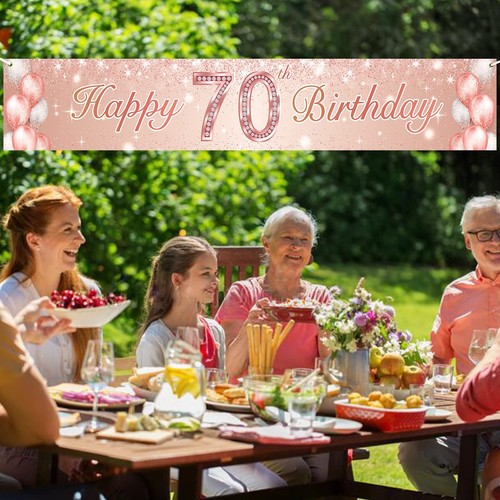 Happy 70th Birthday Rose Gold Banner & Balloon Confetti Theme Decor Set - Picture 5 of 6