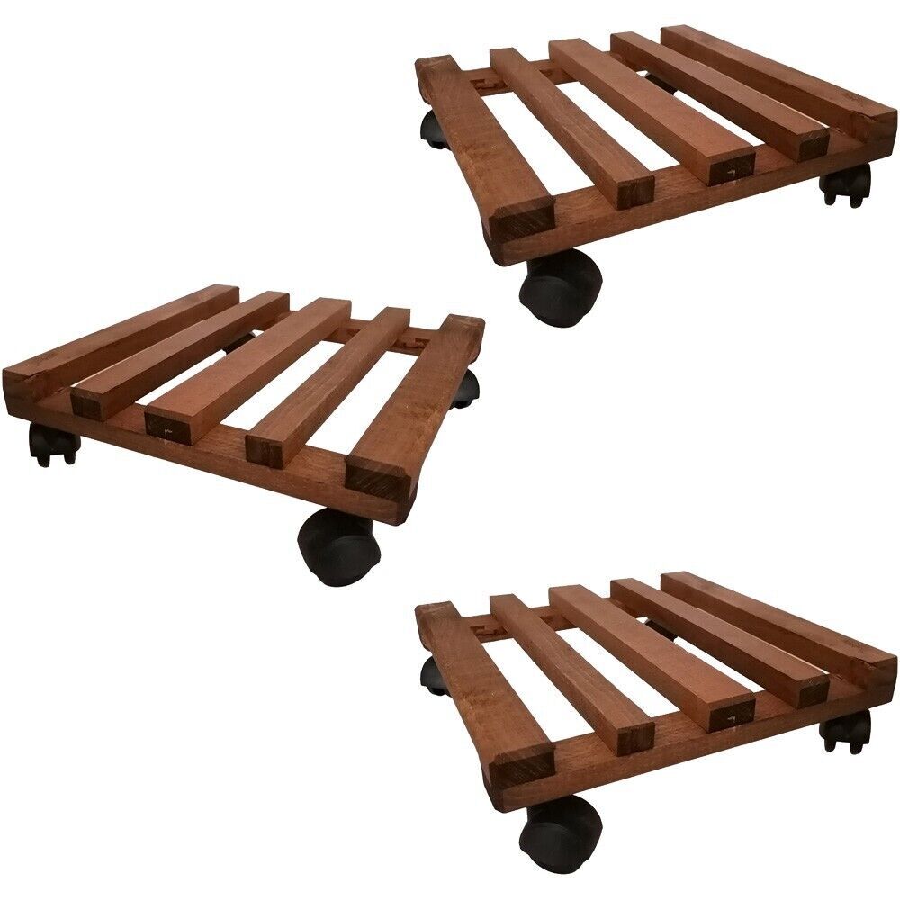 Carrello per piante pesanti set3 Sottovaso 25x25cm in legno con ruote porta vaso