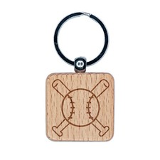 Baseball Crossed Bats Engraved Wood Square Keychain Tag Charm
