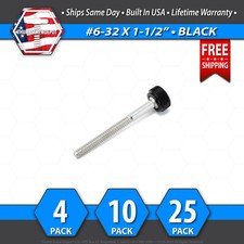  6-32 x 1-1/2" Thumb Screw Stainless Steel - Black Round Knurled Knob - USA