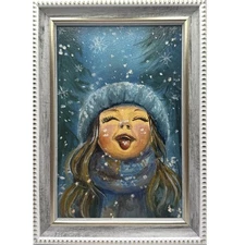Girl and Snow Original oil painting on fiberboard Winter Miniature Signed 6*4