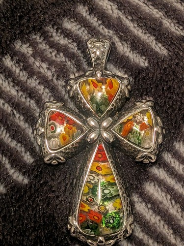 Millefiori Glass Cross Pendant Stainless Steel Stamped New